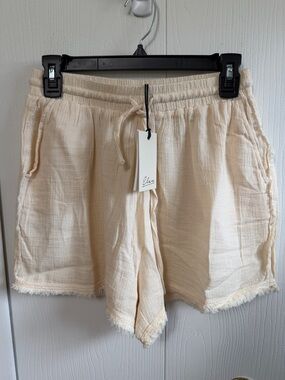 Elan Cream High Waist Gauze Drawstring Shorts with Frayed Hem